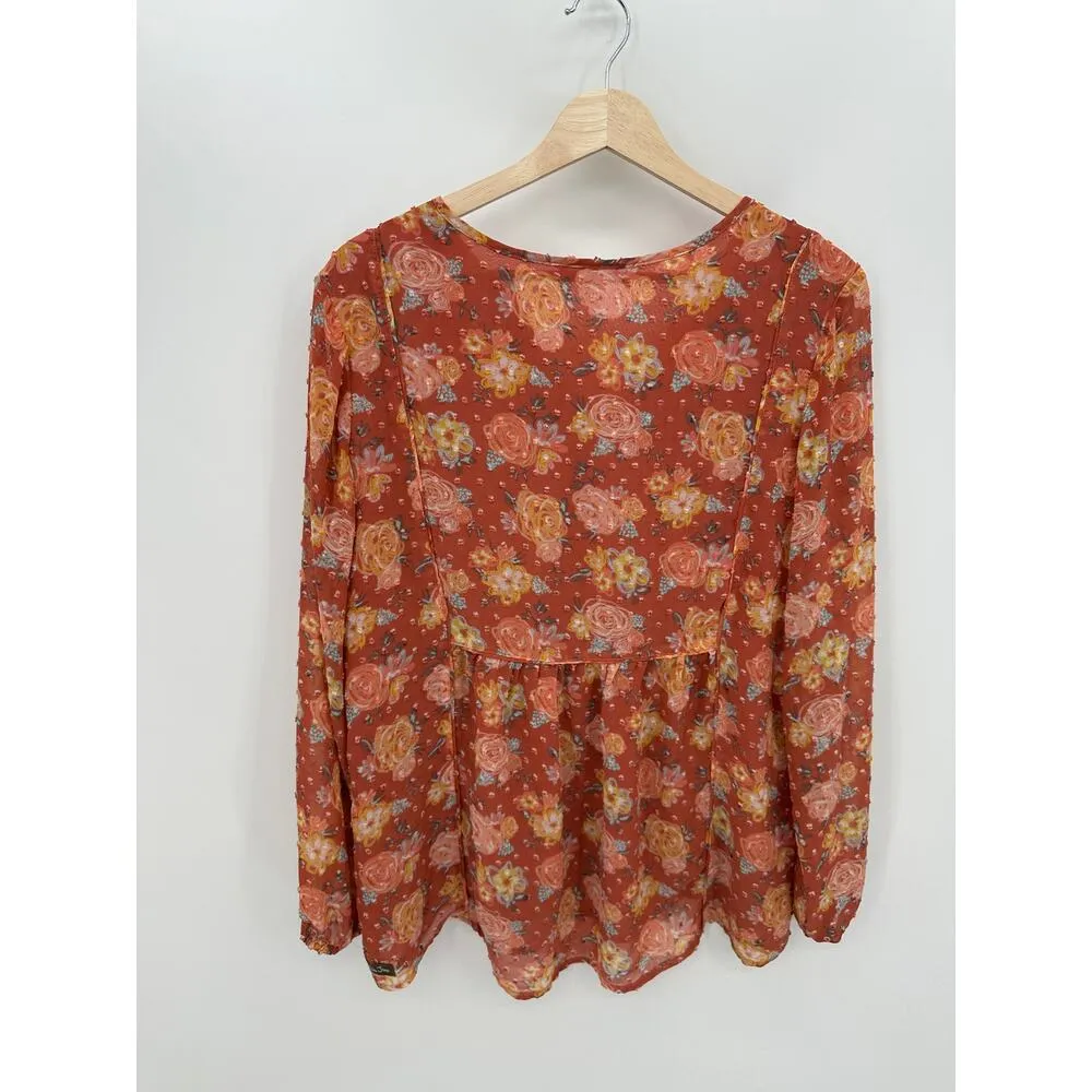 Matilda Jane Babydoll Top Women Large Orange Floral Swiss Dot Peasant Boho VNeck - Image 2