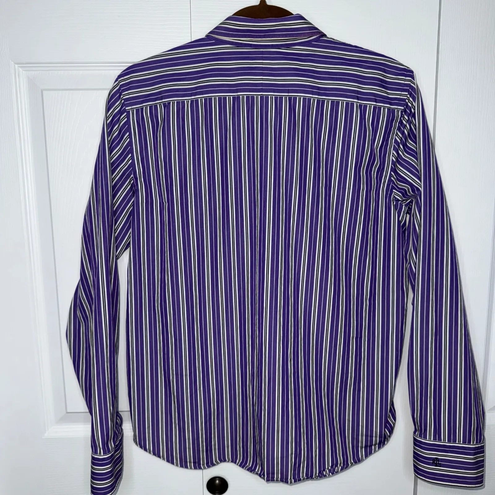 LAUREN RALPH LAUREN Women's Purple Stripe Button Down Shirt Size L Cotton - Image 13