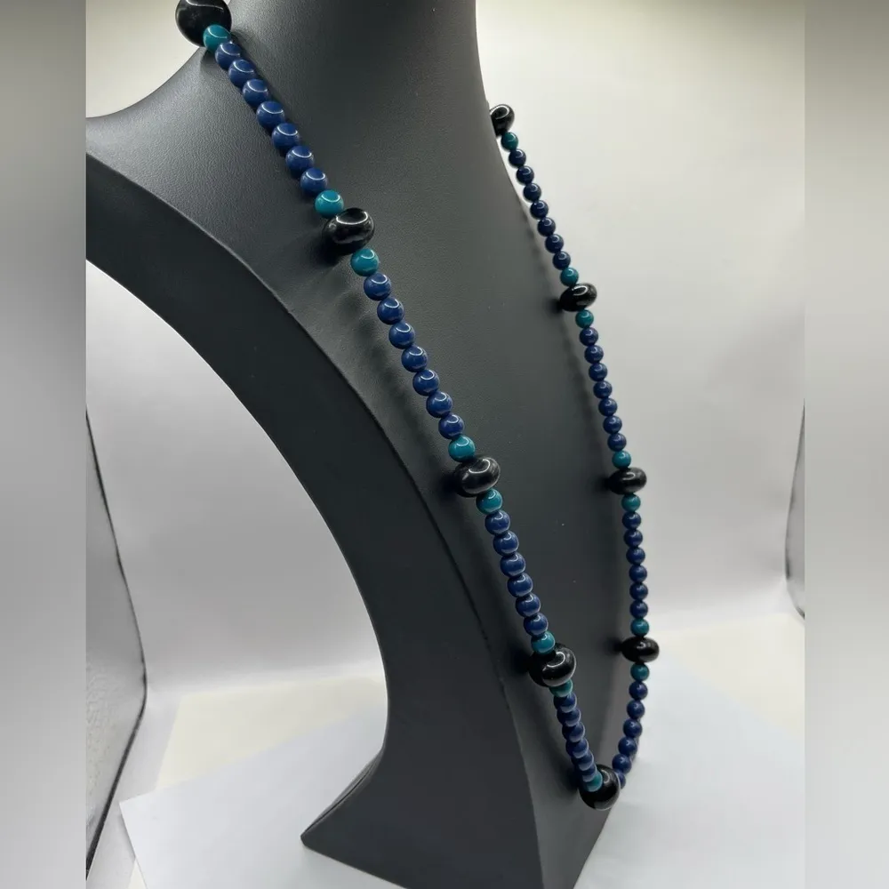 Trifari Beaded Necklace 30” Length Blue Black and Turquoise Blue Beaded Necklace - Image 3