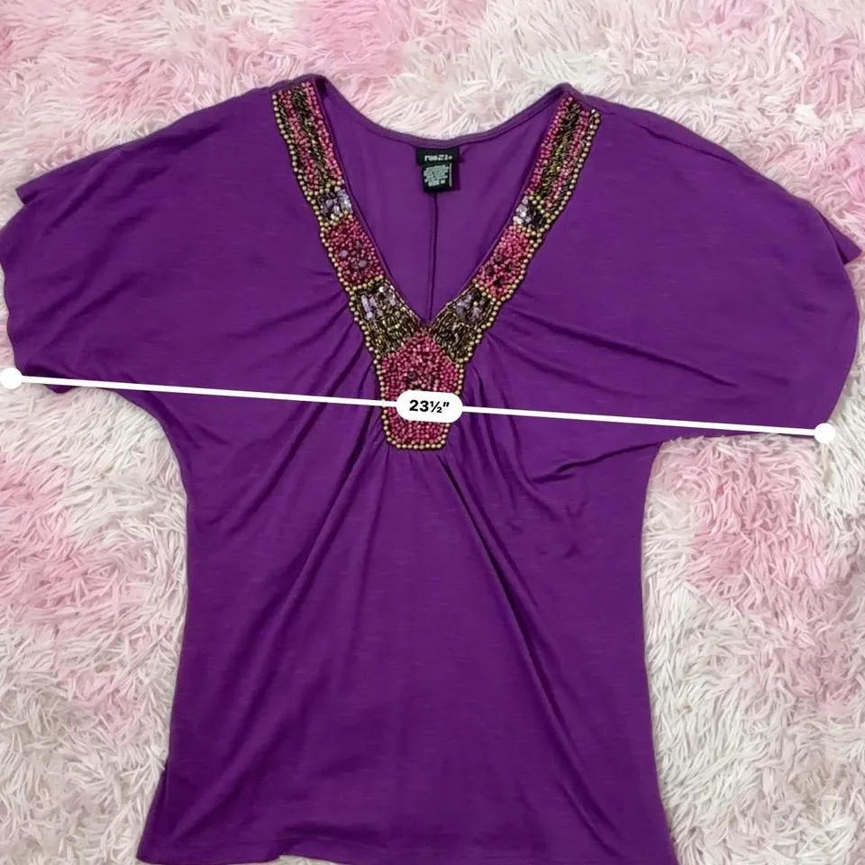 Rue21 Y2K Purple Beaded Embellished V-Neck Short Sleeve‎ Top - Image 4