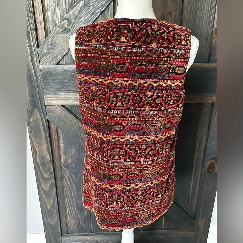 Vintage 1960s Boho‎ Brocade Multicolor Cotton Vest Small Red - Image 3