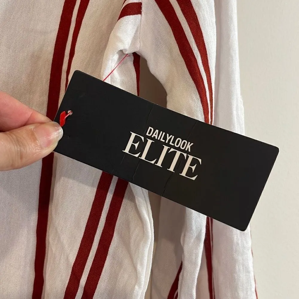 Lumiere Womens Long Sleeve V Neck Blouse Top Vertical Stripe White Red Small NWT - Image 5