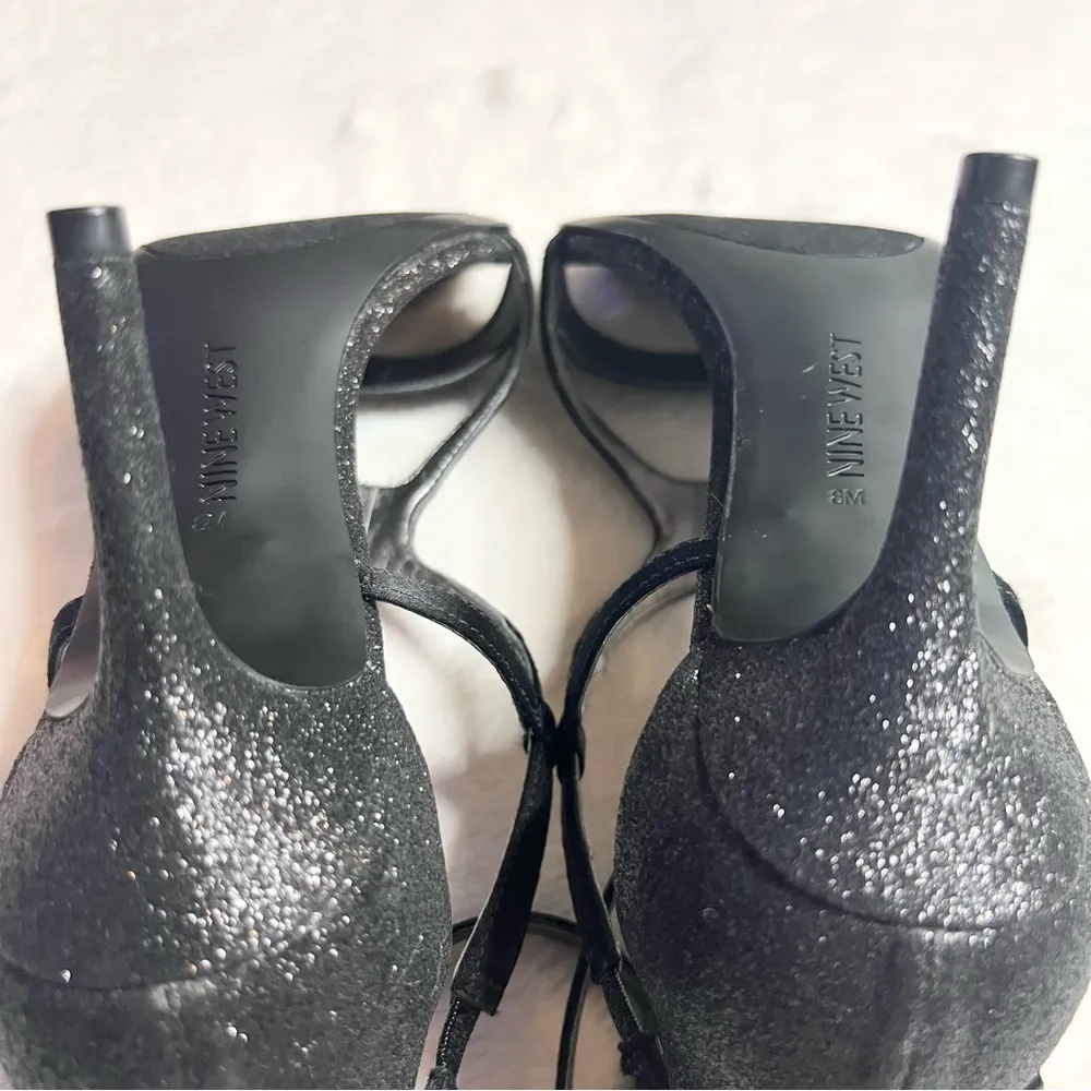Nine West Black Glitter Strappy Ankle Strap Heels Size 8 - Image 15