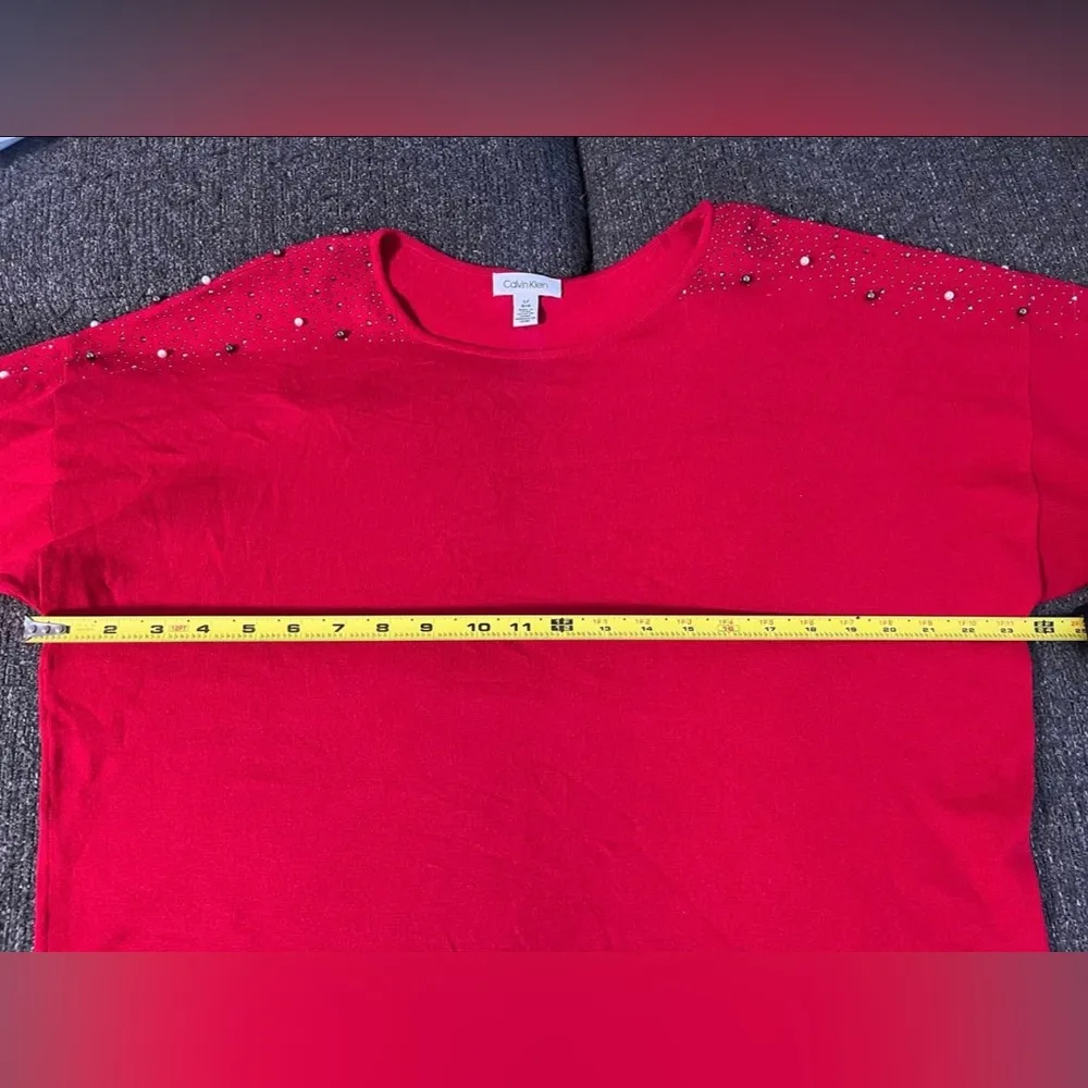 Calvin Klein Red Sweater Long Sleeve Embellished Beaded Neckline Women’s Size L - Image 10