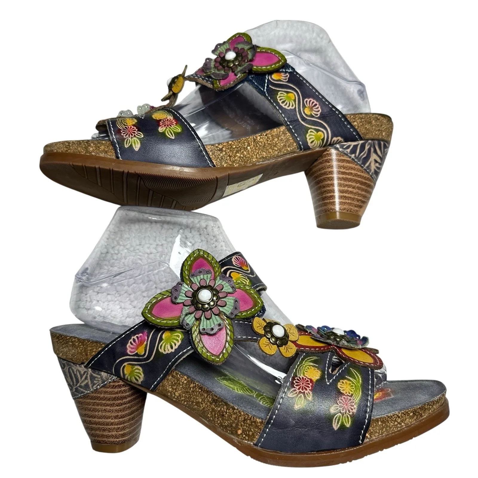 L'Artiste Spring Step Haverb Sandals 40 US 9 Boho Floral‎ Leather Block Heel Blue - Image 12