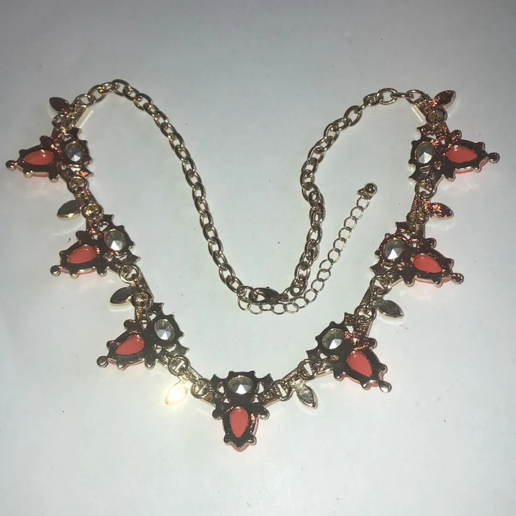 Gold Tone Bright Peach Runway CZ Rhinestone Statement Necklace Black - Image 7