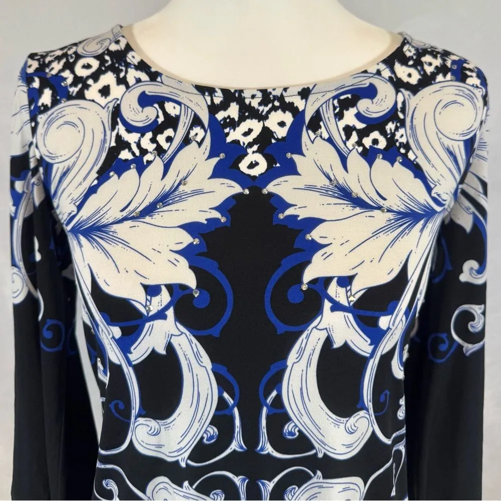 Alfani black white and royal blue print silver studded rhinestone top size XS - Image 2
