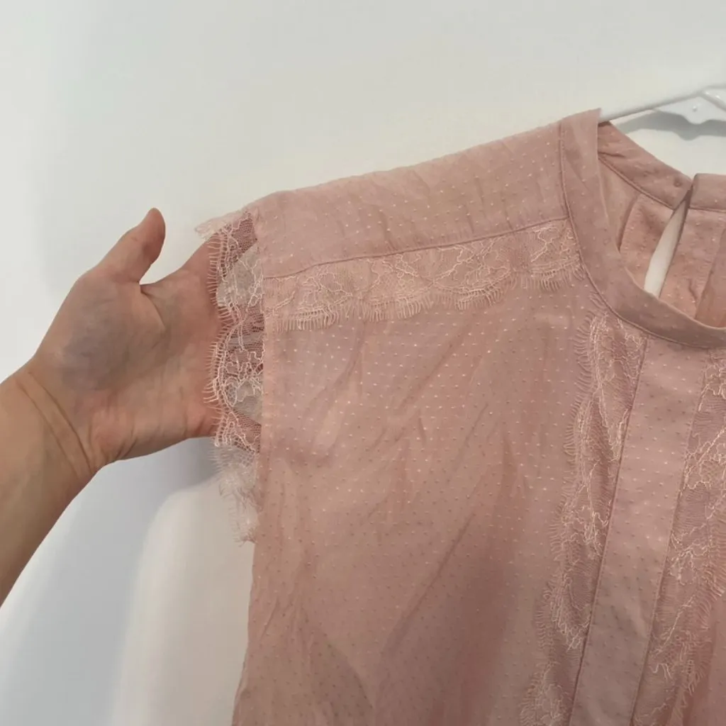 EXPRESS Light Baby Pink Textured Swiss Dot Lace Trim High Neck Coquette Blouse S - Image 6