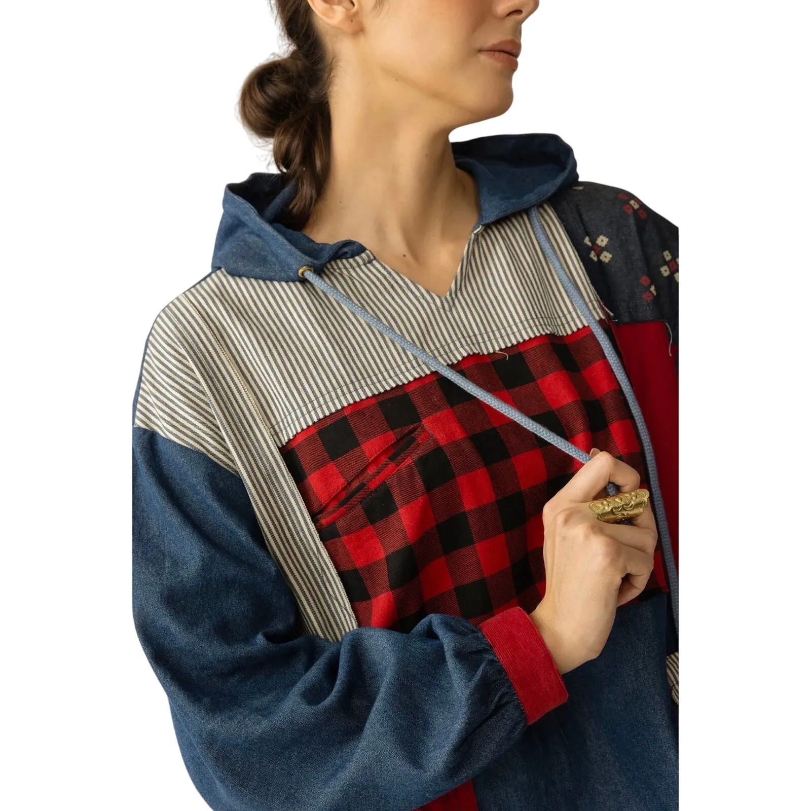 NWT Boutique Boho The Americana Patchwork Hoodie in Cherry Denim Red Size XL - Image 4