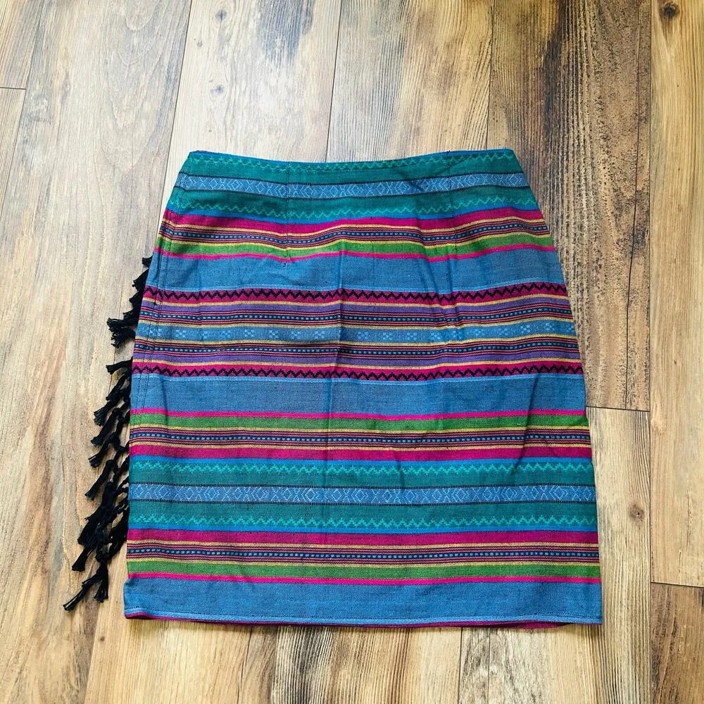 90s Vintage Boho Mini Skirt Aztec Striped Fringe Pleated Cotton Colorful Large Blue - Image 4
