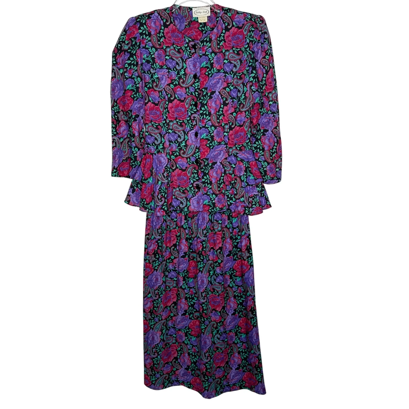80s Bobby’s Girl Floral Paisley Rayon Peplum Blouse & Skirt Set USA small - Image 2