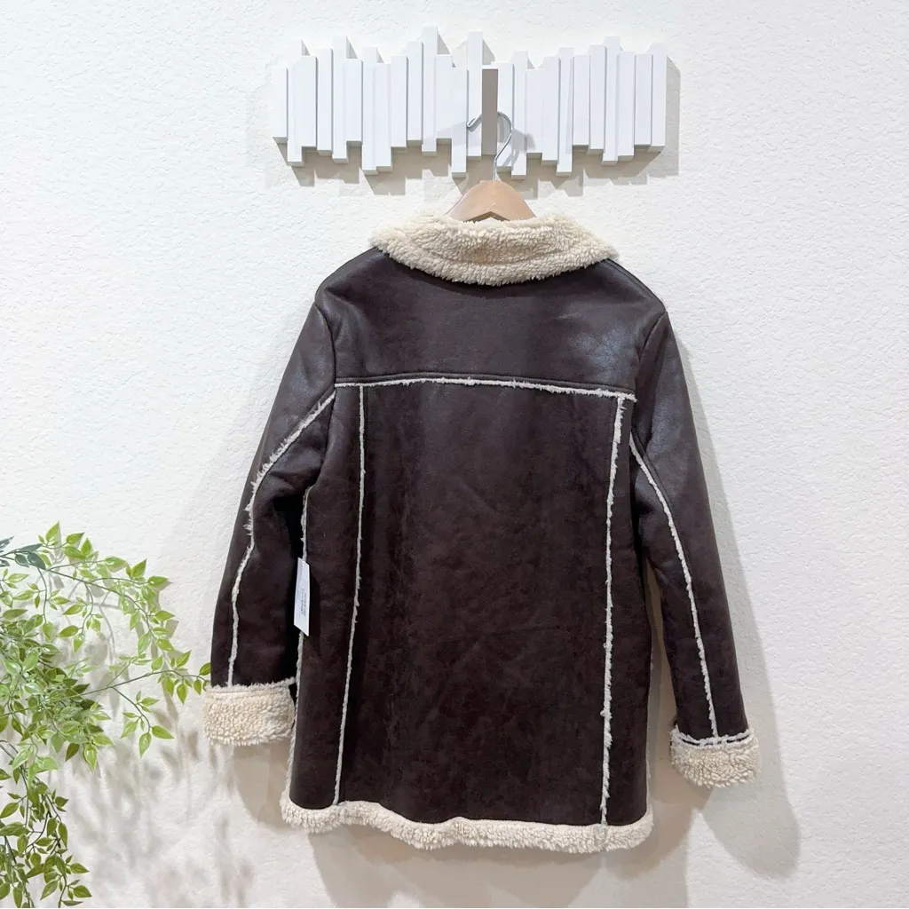 NIA Shoreditch Faux Leather Sherpa Coat Jacket	Brown One Size NWT Brown - Image 6
