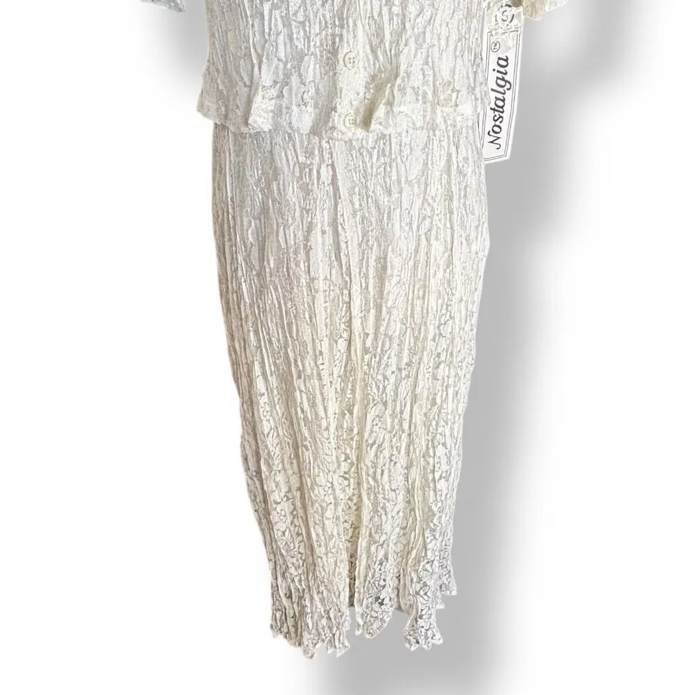 Deadstock 90s Lace Maxi Dress Ivory Sheer Floral Short Sleeve Scoop Neck Small - Image 4