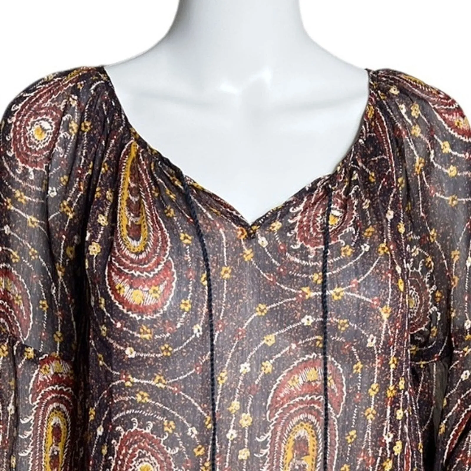 Lucky Brand‎ Shirt Womens Small Brown Red Paisley Sheer Tassels Bohemian Peasant - Image 4