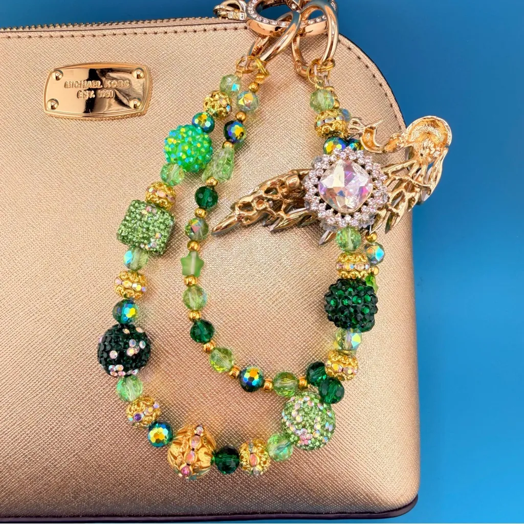 🦚 Luxury Bag/Phone Chain Charm/Keychain Green Rhinestone PEACOCK & Crystal Beads - Image 5