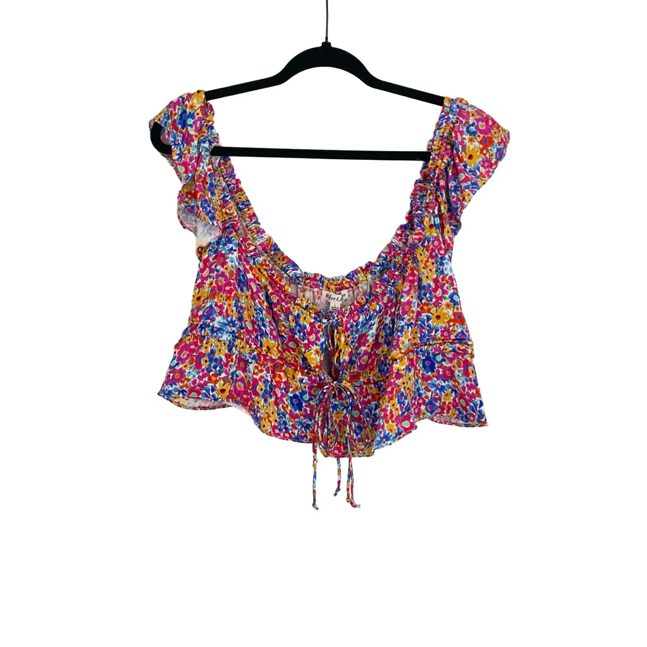 For Love & Lemons Womens Floral Ruffled Tie Front Cottage Core Boho Crop Top‎ L - Image 7