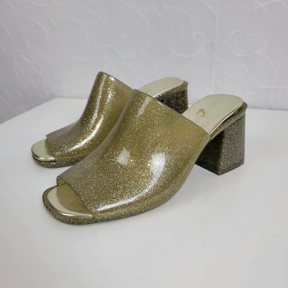 Jeffrey Campbell Petra Women Sandals Size 7 Gold Jelly Glitter Chunky Block Heel - Image 99