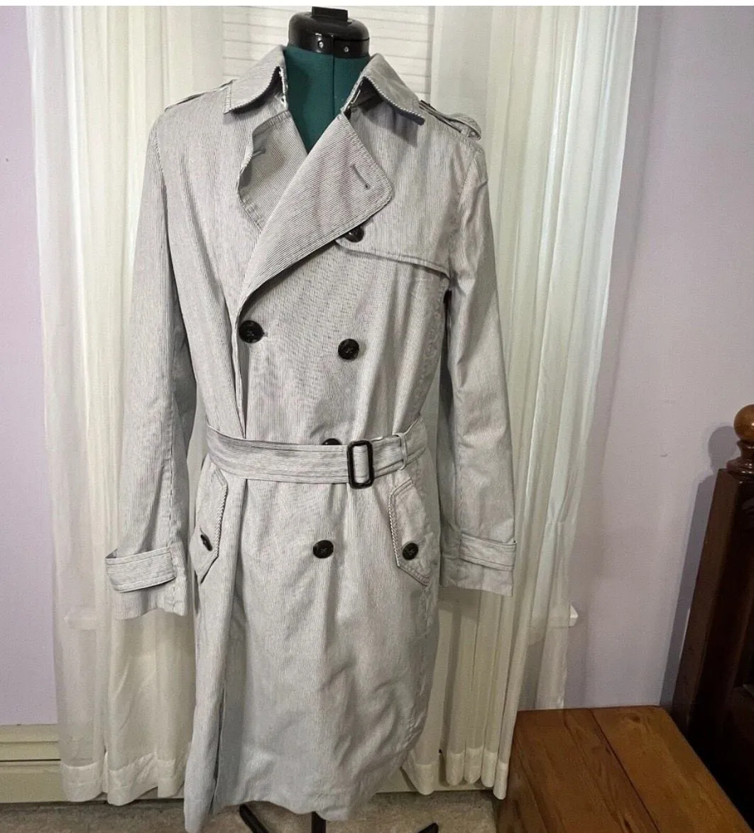 GAP Women’s Blue Pinstriped Double Breasted Trench Coat Medium Belted Classic - Image 3