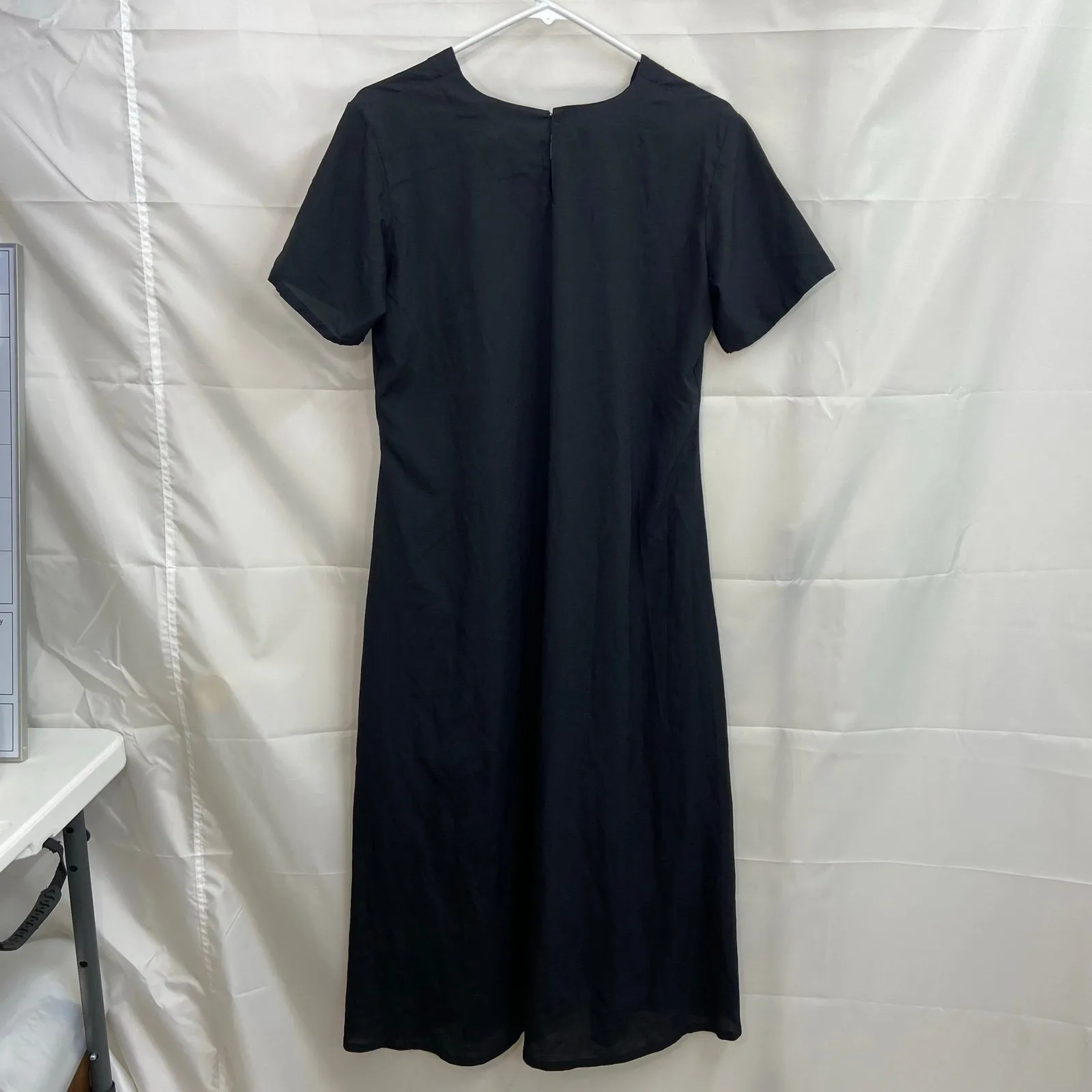 Vintage women's black scoop neck short sleeve casual modest kurta slit‎ dress L Size L - Image 7