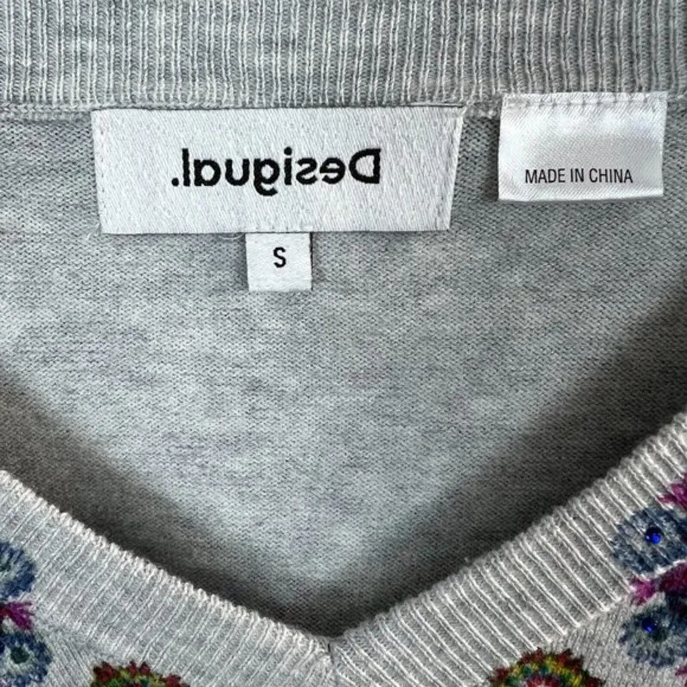 Desigual Sweater Small Gray Floral Medallion Rhinestone Long Sleeve V-Neck Women - Image 8