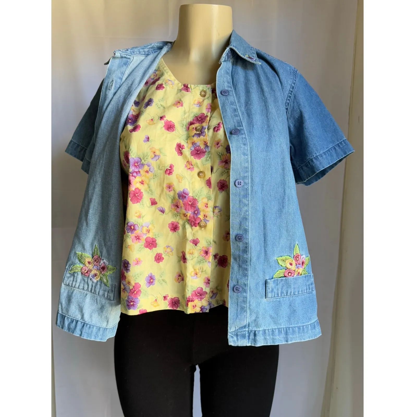 Vintage Lemon Grass Denim Shirt Jacket Embroidered Floral Women's PM NWT Blue Size M - Image 13