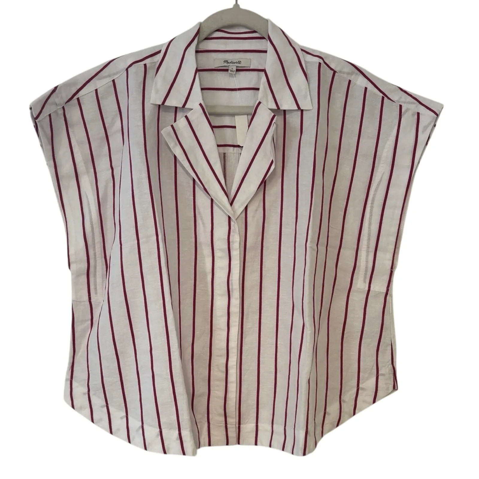 NWT Madewell Resort-Collar Shirt in Linen-Cotton In Dark Rose Stripe Size Large - Image 4