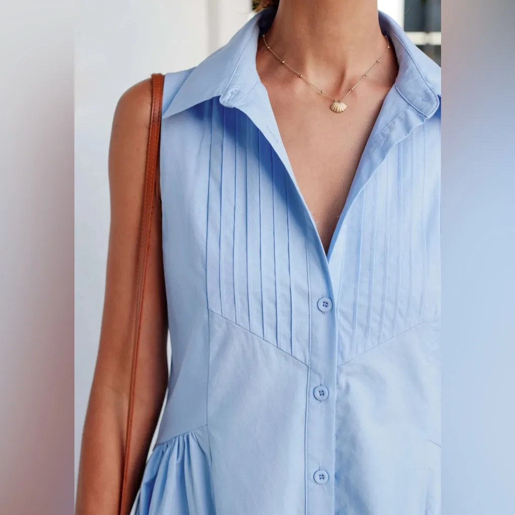 MAYE Corinne Shirtdress Sleeveless Midi Dress Collared Pintuck Sky Blue Large - Image 2