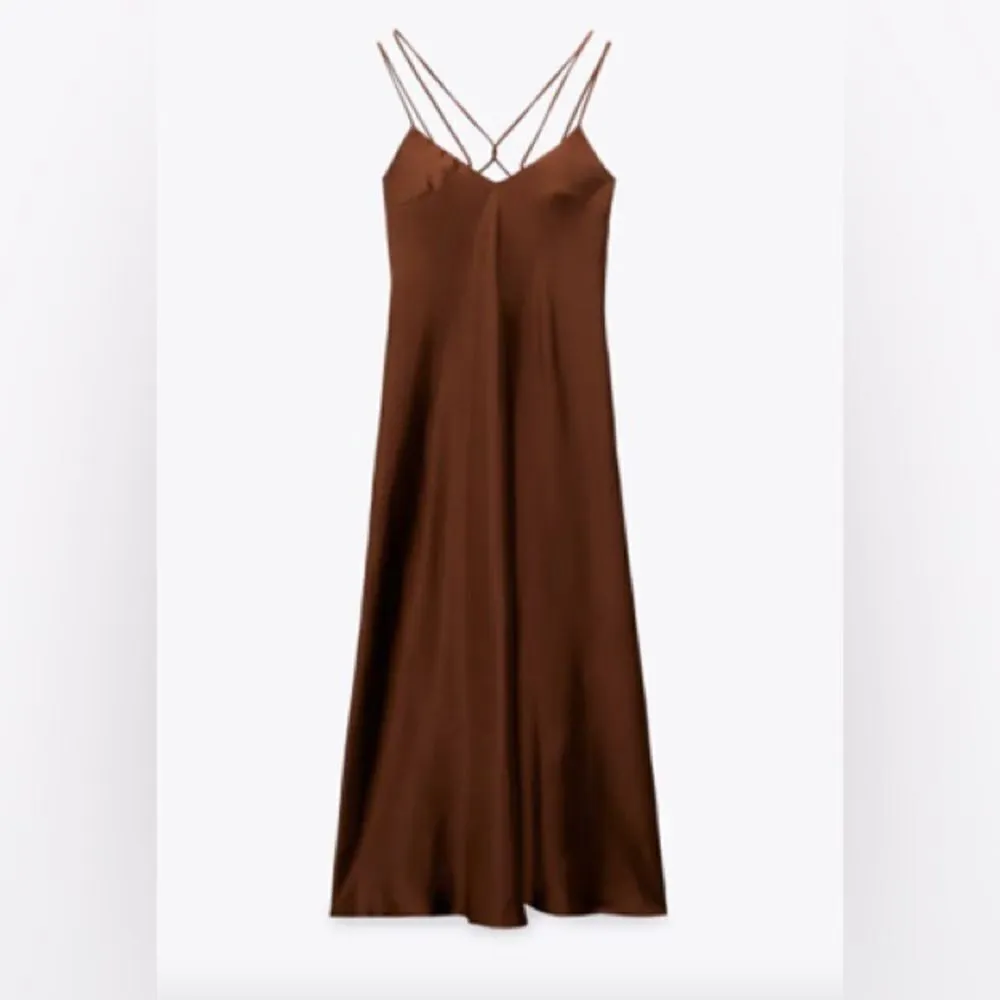 Zara Satin Strappy Midi Slip Dress Brown Sz. XL Criss Cross Back Summer Elegance - Image 2