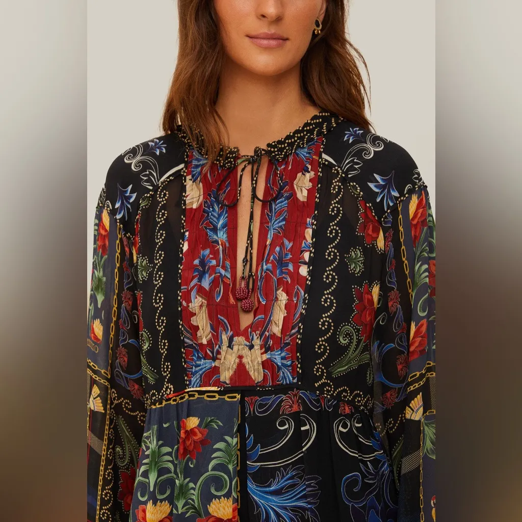 Farm Rio Black Mixed Arabesque Scarves Long Sleeve Mini Dress M - Image 3