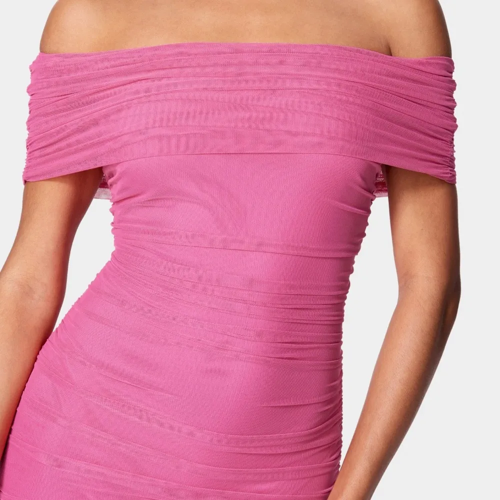 Bebe Off Shoulder Ruched Mini Dress Pink Large - Image 3