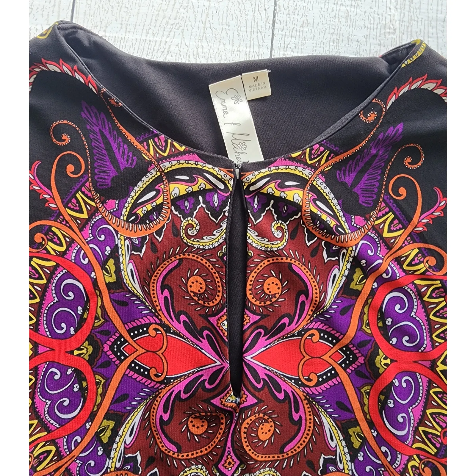 Emma & Michele Black Multicolor Paisley Geometric Shift Midi Dress Medium - Image 10