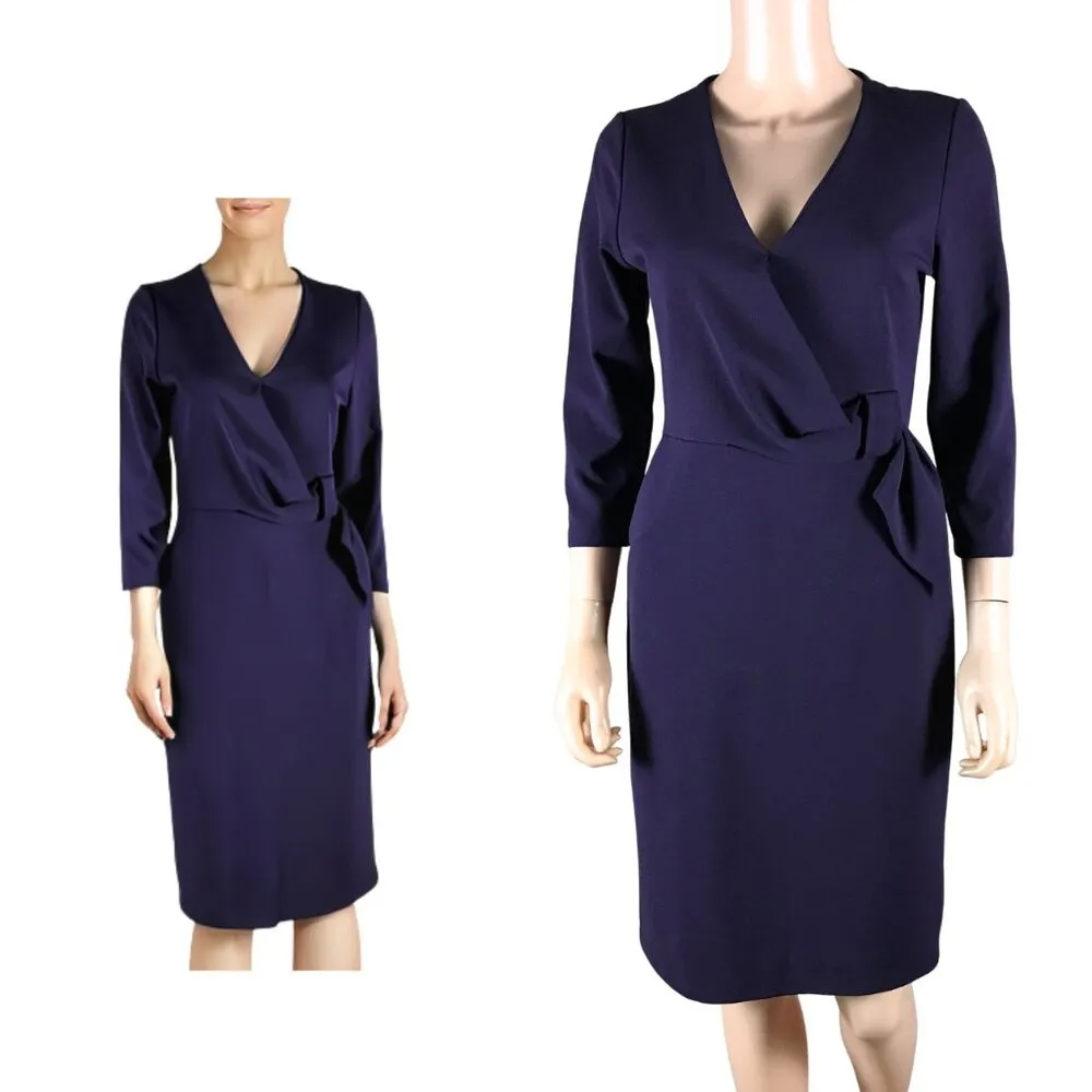 ESTELLE Indigo Structured Crepe Faux Wrap Sheath Dress SMALL - Image 2