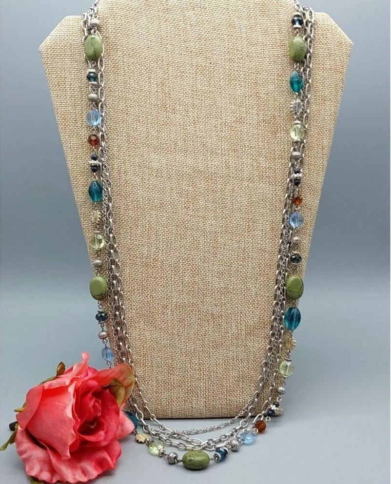 Premier Designs Silver Tone Multi Strand Chain Necklace Colorful Bead Stations - Image 10