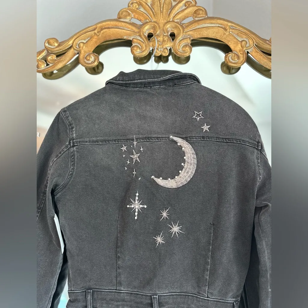 Driftwood x free people black embroidered celestial denim jumpsuit medium nwt - Image 2