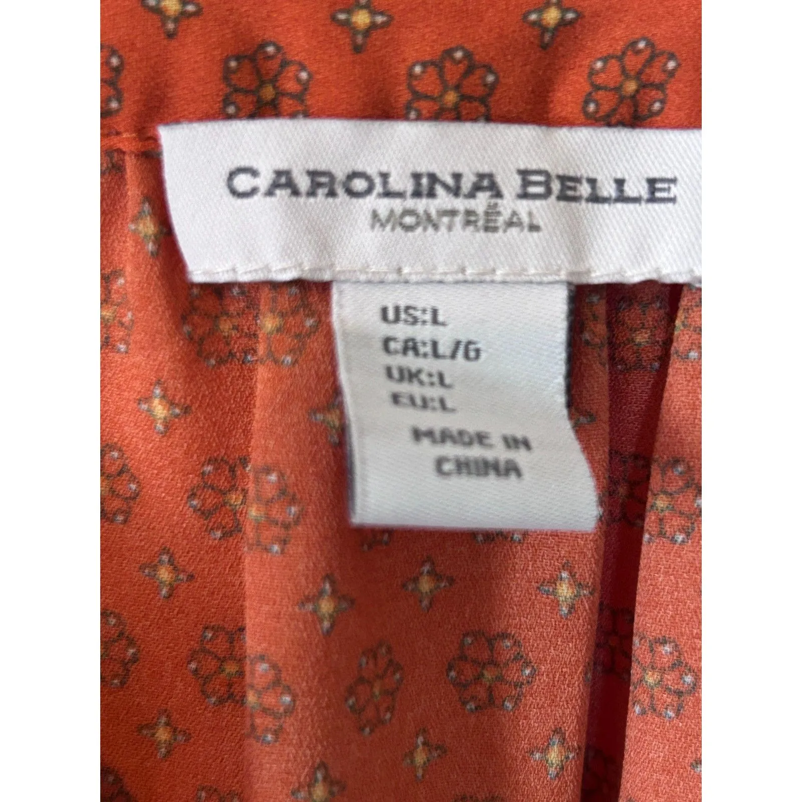 Carolina Belle Orange Patterned V-Neck Blouse - Size L - Image 4