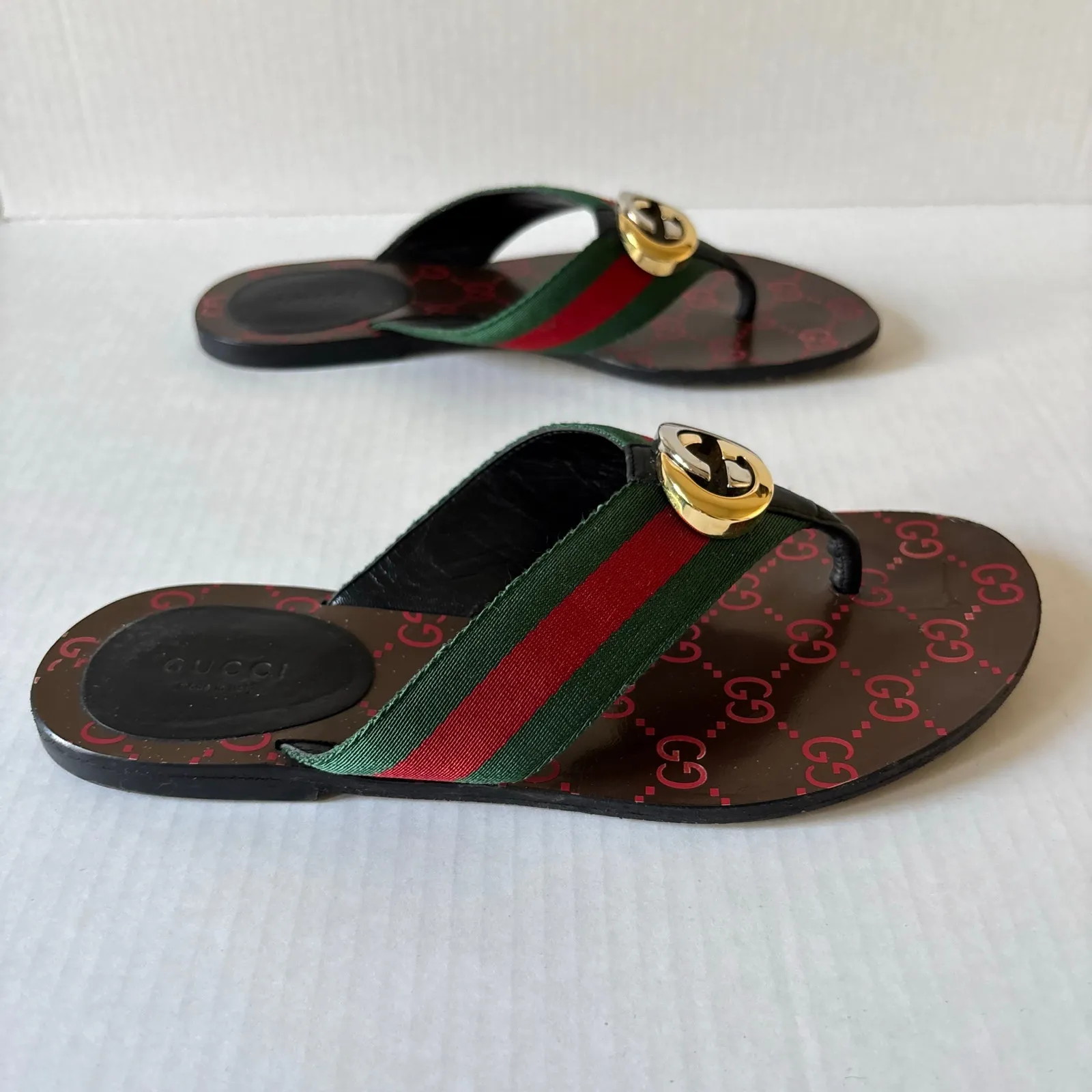 Gucci Kika Interlocking GG Web Stripe Flat Thong Sandals Red Green Size EU 38 - Image 7