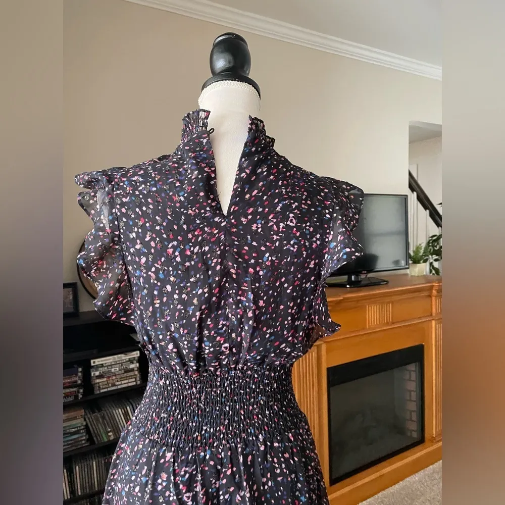AQUA Flutter Sleeve Midi Sheer Fabric Dress Smocked Waist Confetti Print Size XS - Image 5