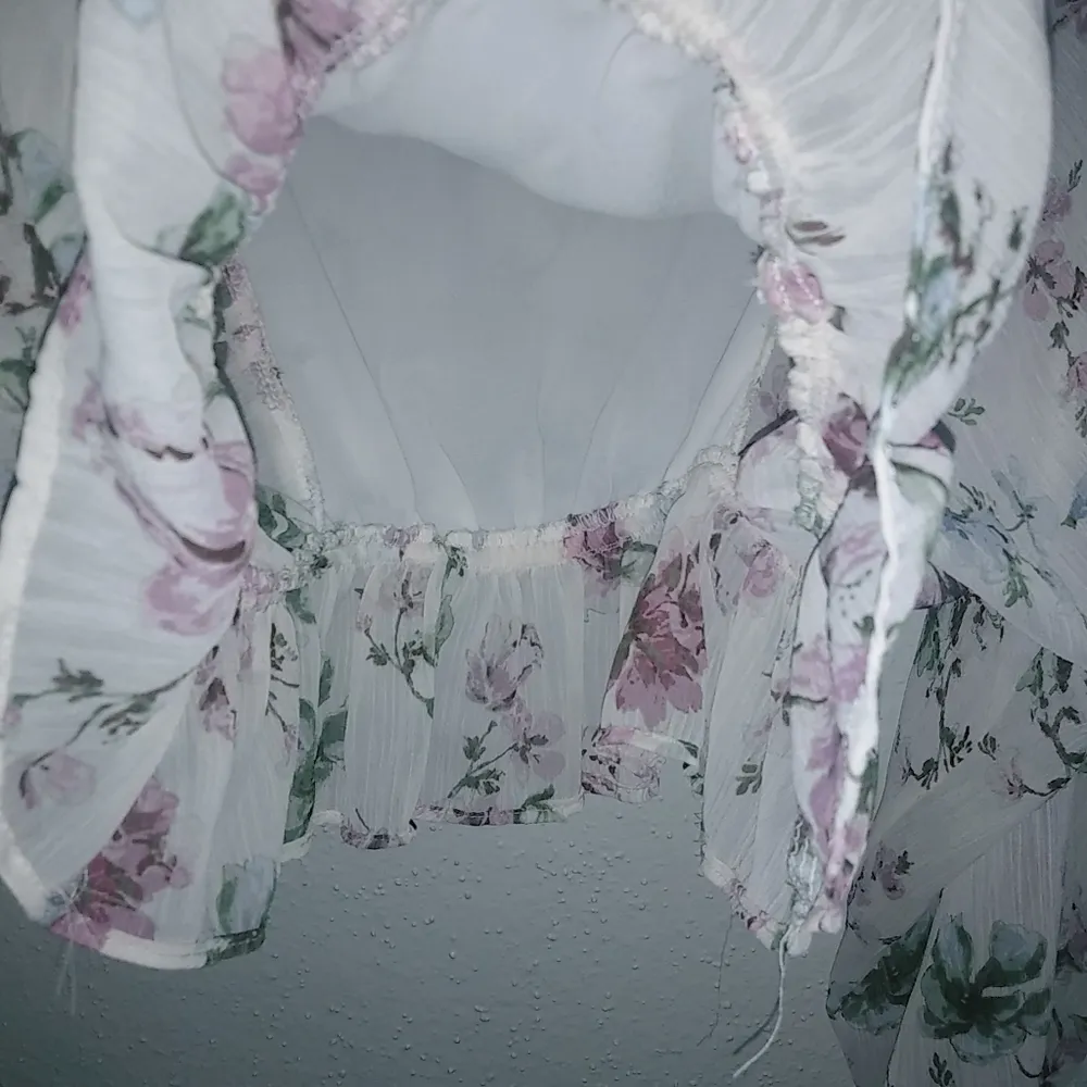 Olivaceous S Soft Floral Pink Green on White Bubble Hem Top - Image 3