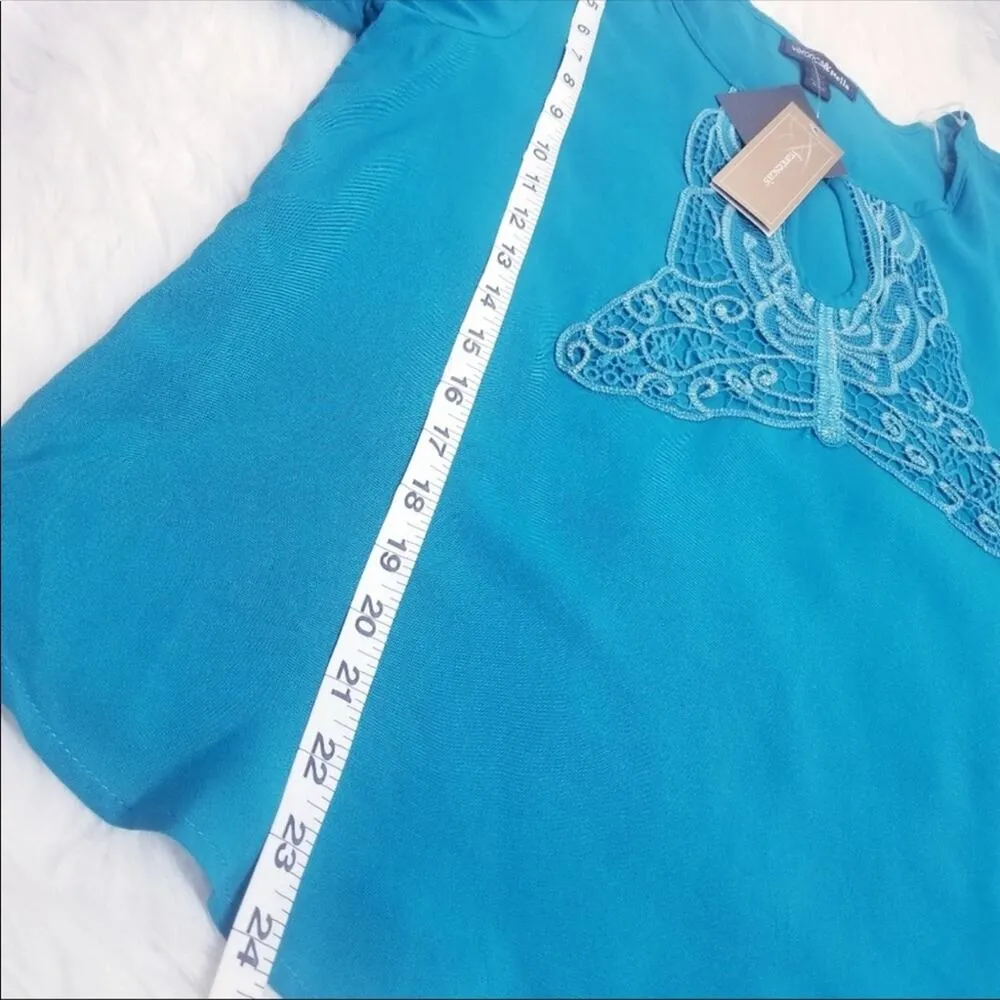 Veronica & Stella Teal Embroidered Keyhole Top Coastal Grandma Bohemian Blue Size M - Image 6