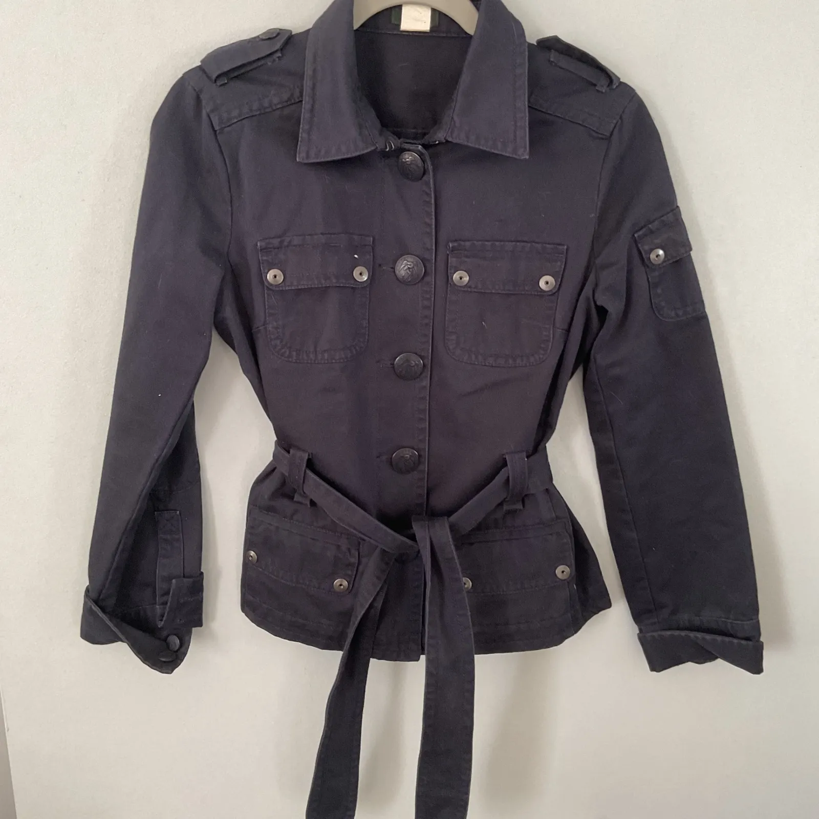 J. Crew Navy Blue Cotton Military Style Belted Jacket Women's Size S - Image 3