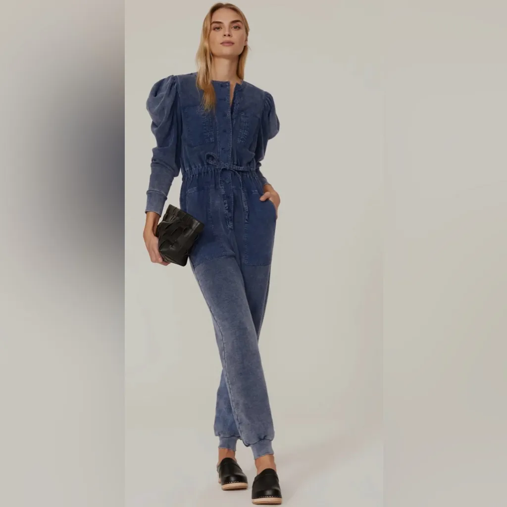 $445 ULLA JOHNSON Sadie Puff Sleeve Jumpsuit Indigo Acid Blue Jogger Pants - Image 2