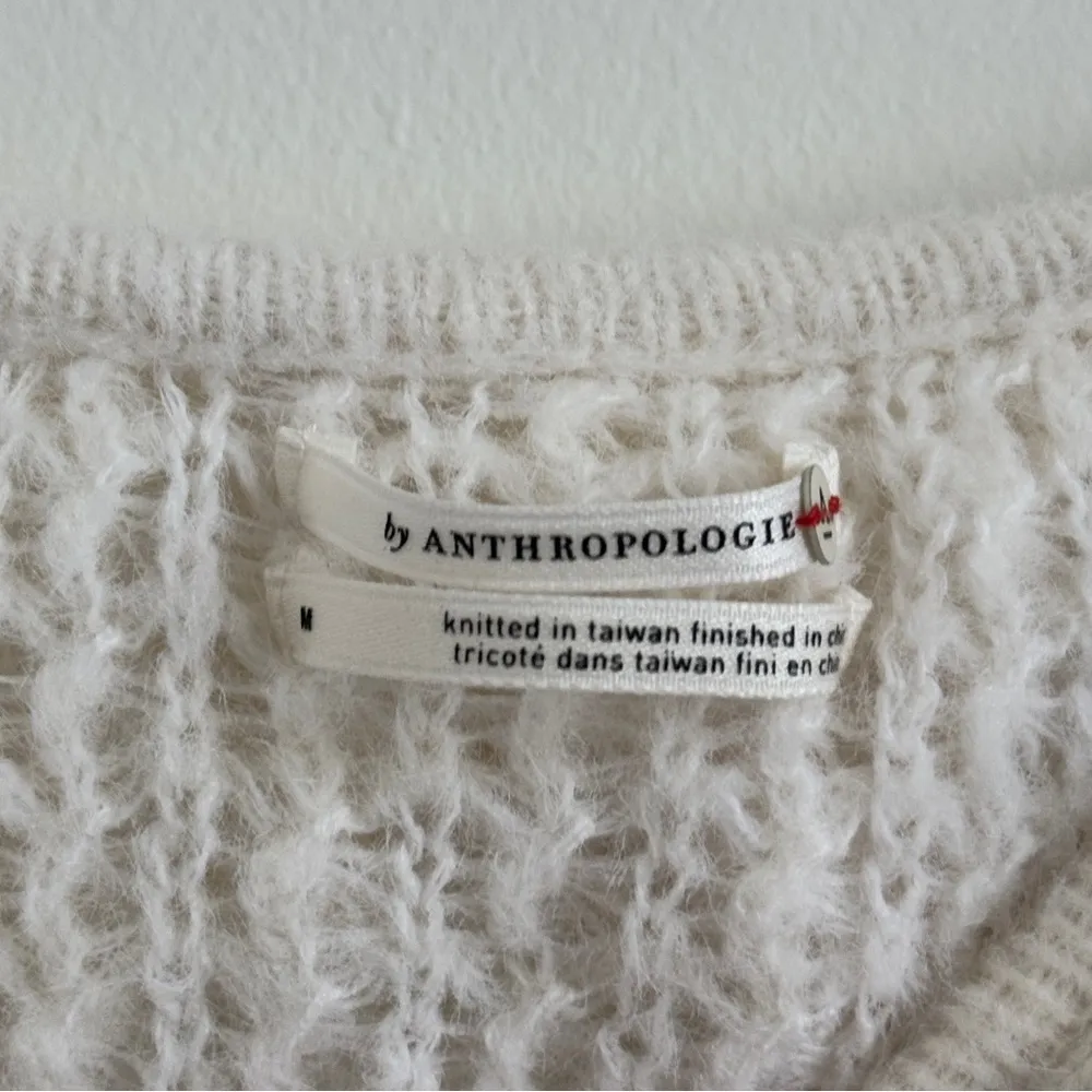 Anthropologie Ivory White Ruffled Boat Neck Soft Wool Knit Sweater Size Medium - Image 4