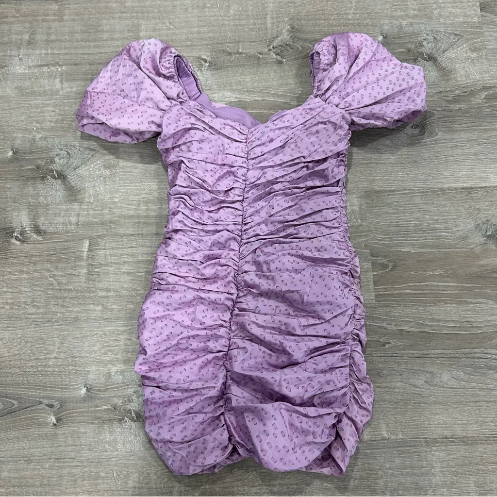 HUTCH x Anthropologie Wren Mini Dress Lilac Ruched Off the Shoulder Puff Sleeve - Image 5