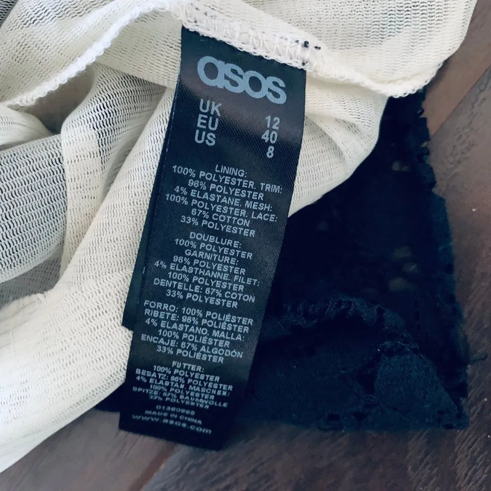 ASOS Petite Black & Cream Sheer Lace Open Back Halter Top Prom Dress | Size: 6/8 - Image 11