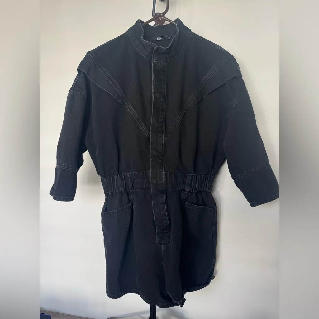 Zara Black Denim Short Sleeve Romper Jumpsuit Snap Button Up Sie M - Image 2