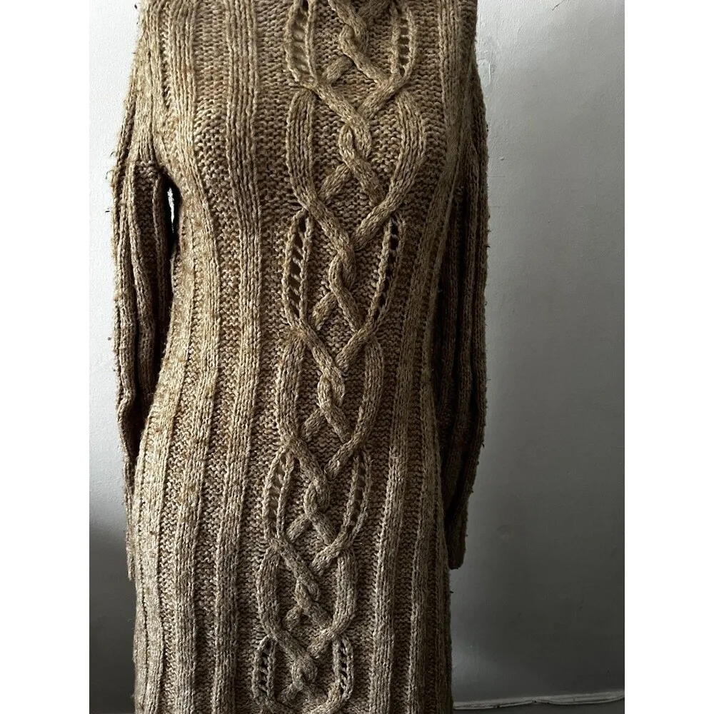 Vintage Banana Republic Beige Cowl Neck Button Across Cable Knit Duster Sweater - Image 3