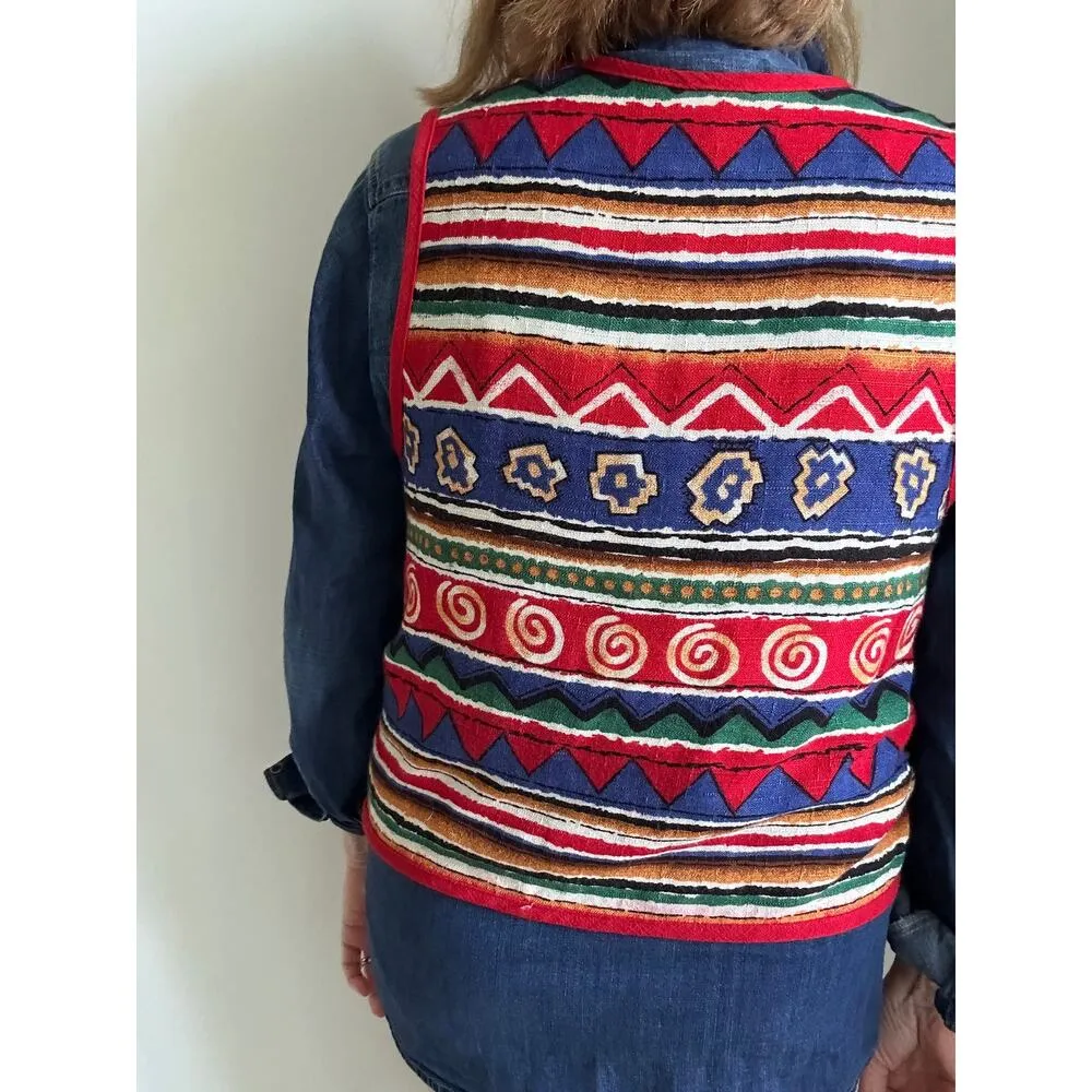 Vintage 80s Linen Graphic Print Vest Size Small Red Blue Green Artsy India Vibe - Image 4