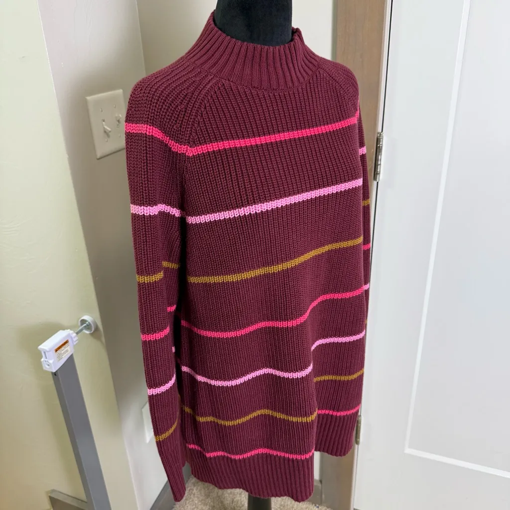 Lands' End Drifter Shaker Easy Fit Mock Neck Tunic Sweater Maroon Pink Stripe L - Image 3