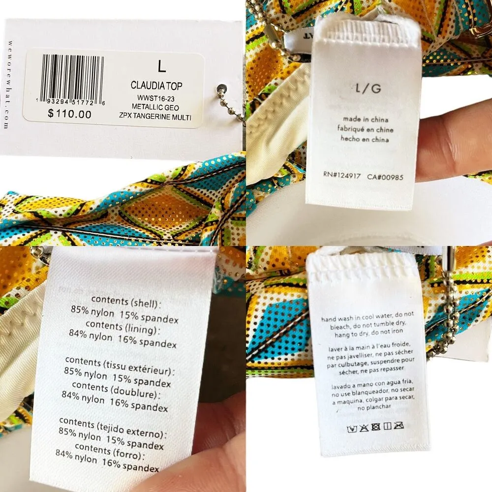 WEWOREWHAT Metallic Geo Bikini Set Ruched Bottom Claudia Top Orange Blue Large - Image 7