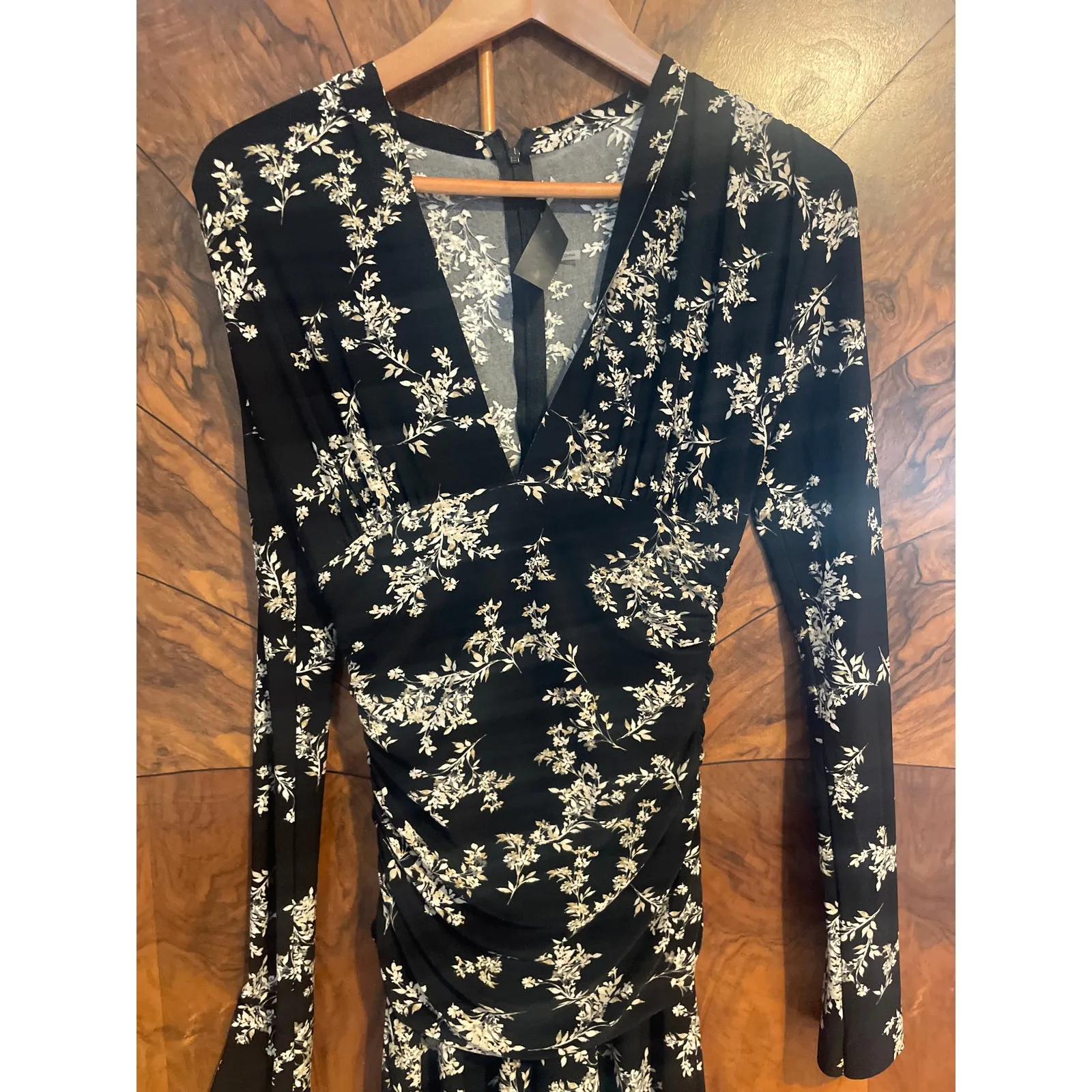 NORMA KAMALI Floral Print Shirred Jumpsuit STRETCHY SLINKY Wide Leg Black Sz XS - Image 4